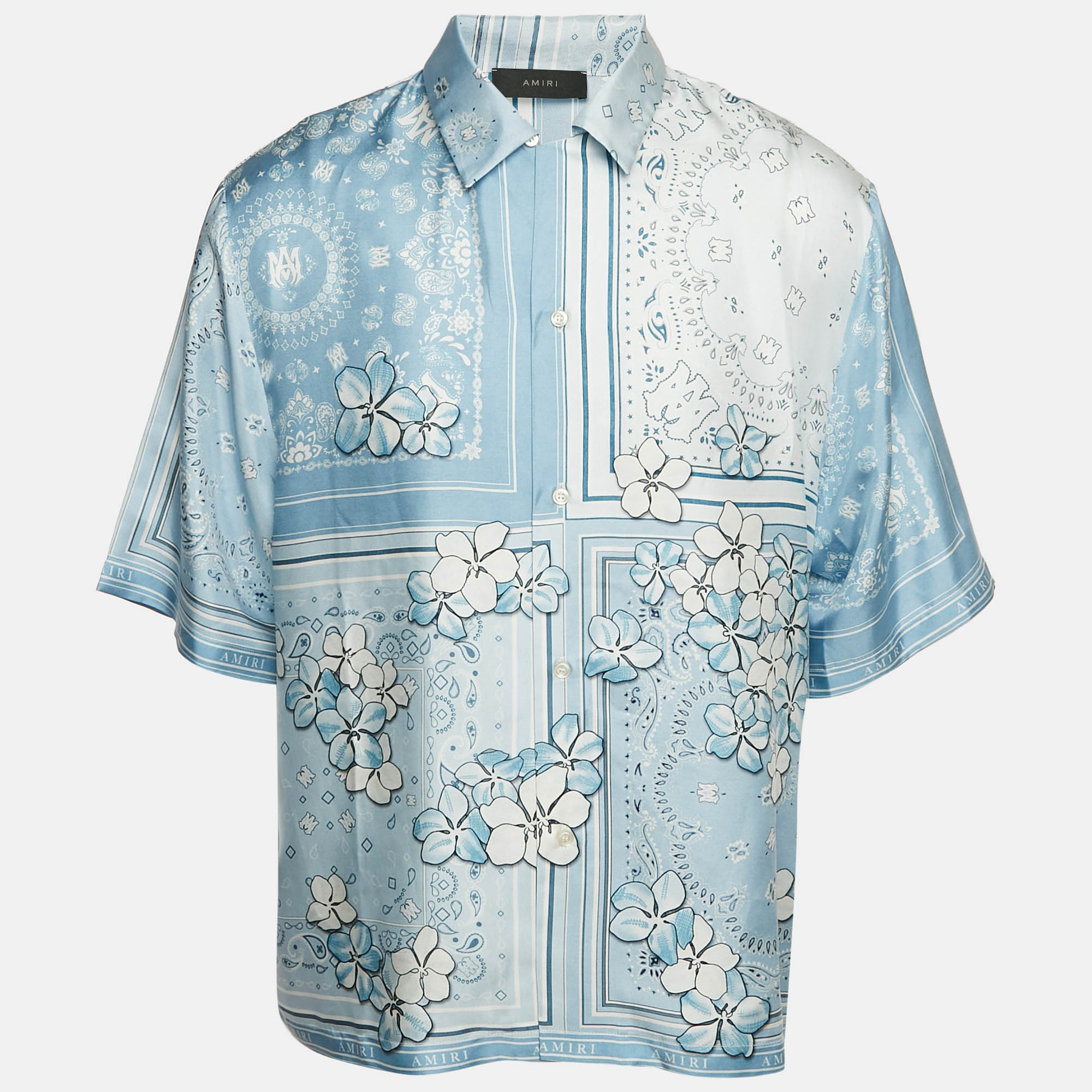 

Amiri Blue Bandana Floral Print Silk Short Sleeve Shirt XXL