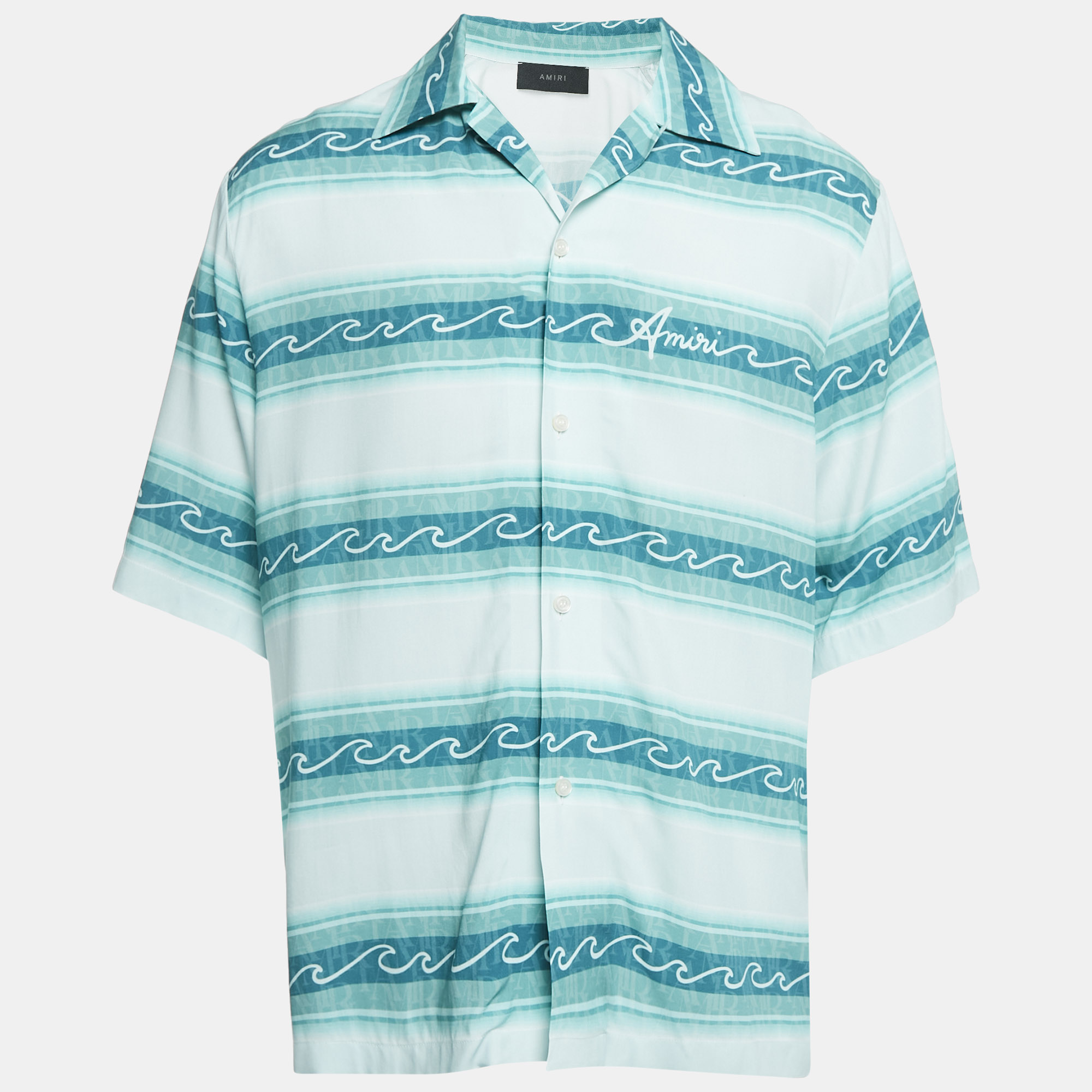 

Amiri Blue Wave Baja Stripe Crepe Short Sleeve Shirt XL