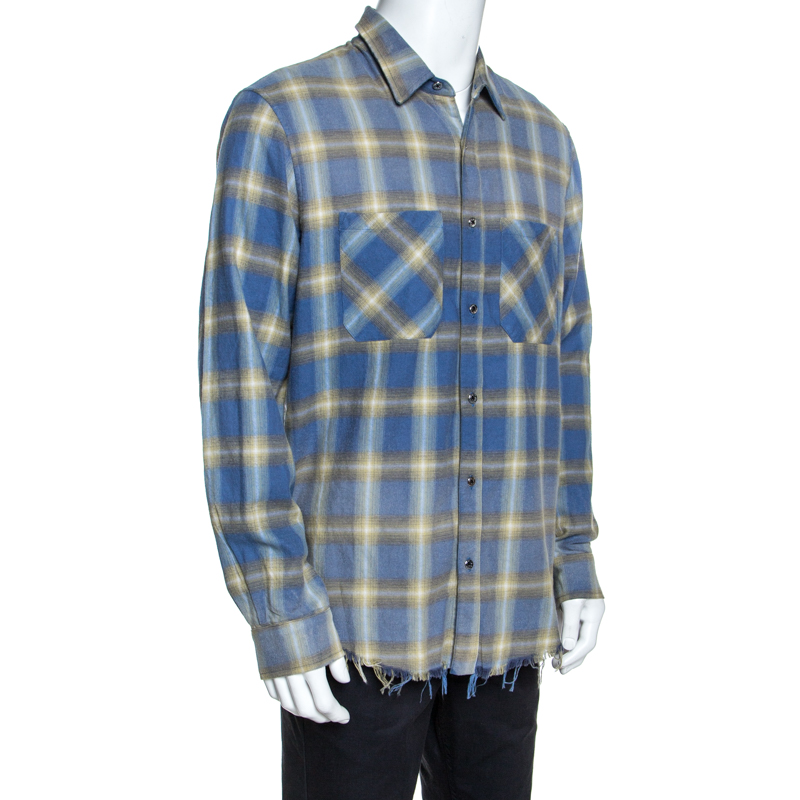 

Amiri Blue And Yellow Cotton Plaid Frayed Edge Detail Shirt