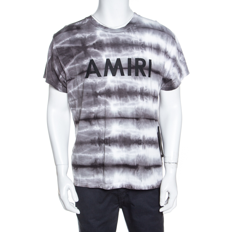 Pre Owned Amiri Grey Logo Printed Tie Dye Cotton Crew Neck T-Shirt M