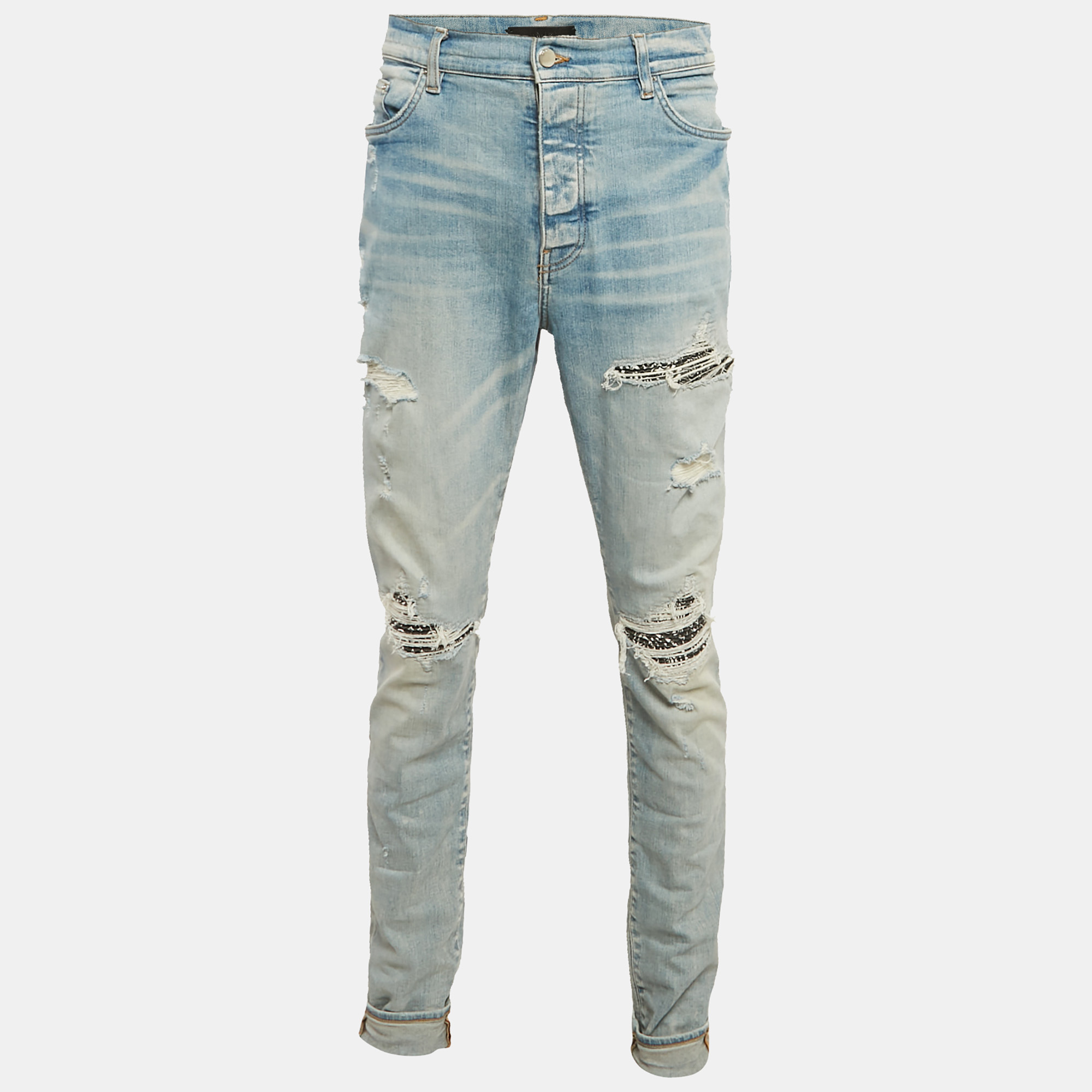 

Amiri Blue Washed Denim Distressed Jeans XXL Waist 38"