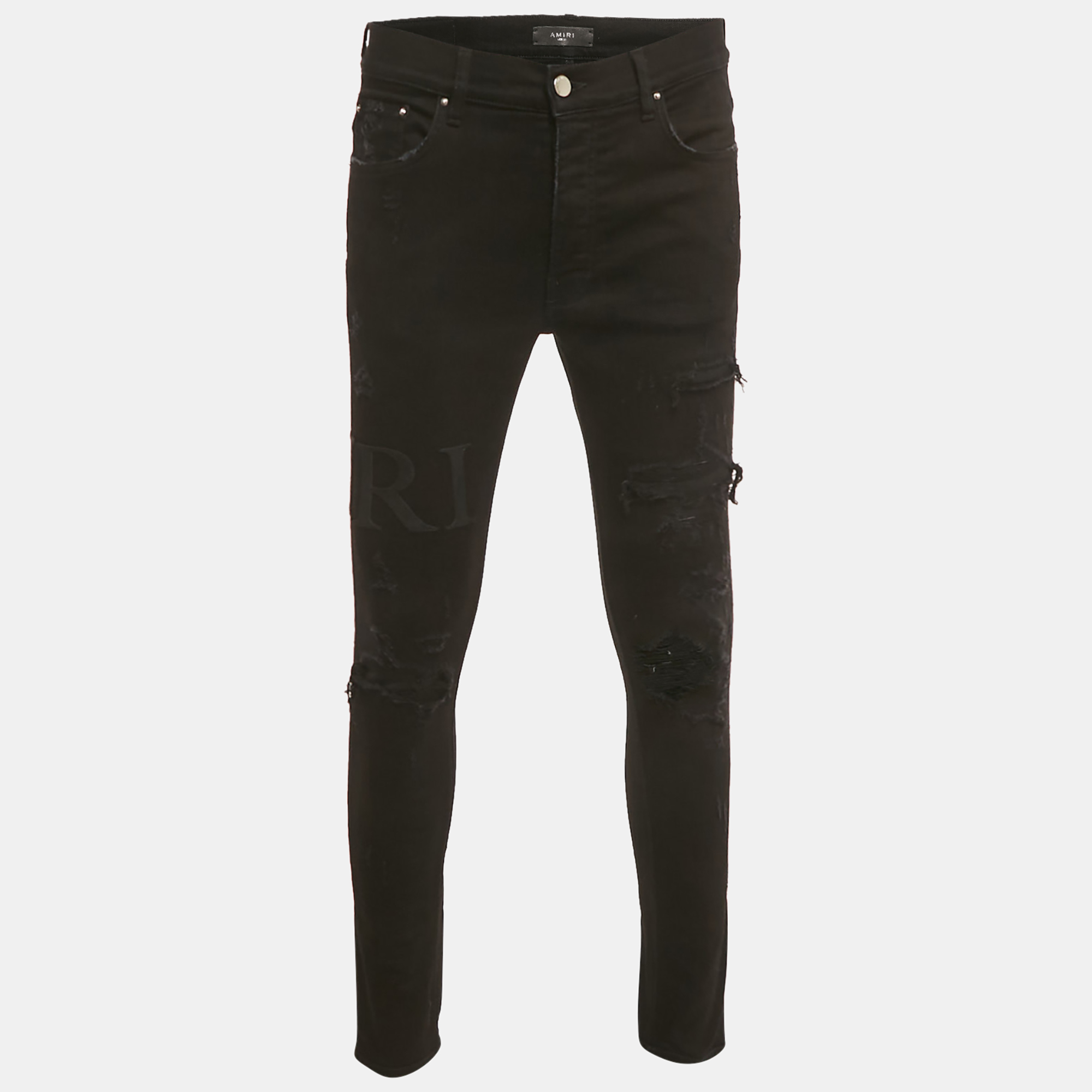 Pre-owned Amiri Black Distressed Denim Logo Applique Detail Jeans L Waist 34"