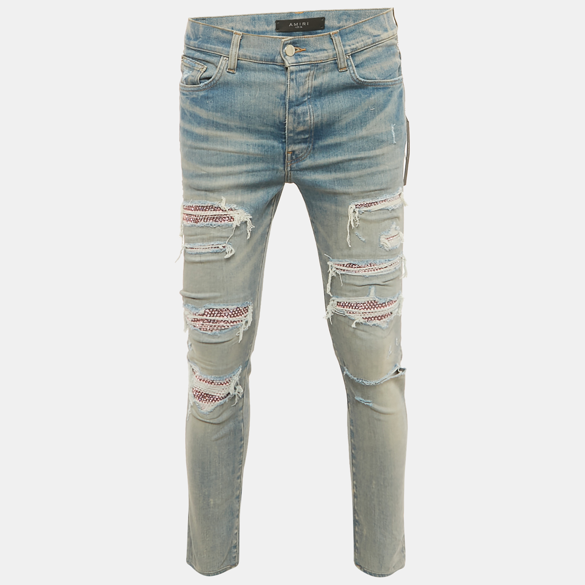 Pre-owned Amiri Indigo Blue Denim Crystal Thrasher Distressed Jeans M Waist 31"