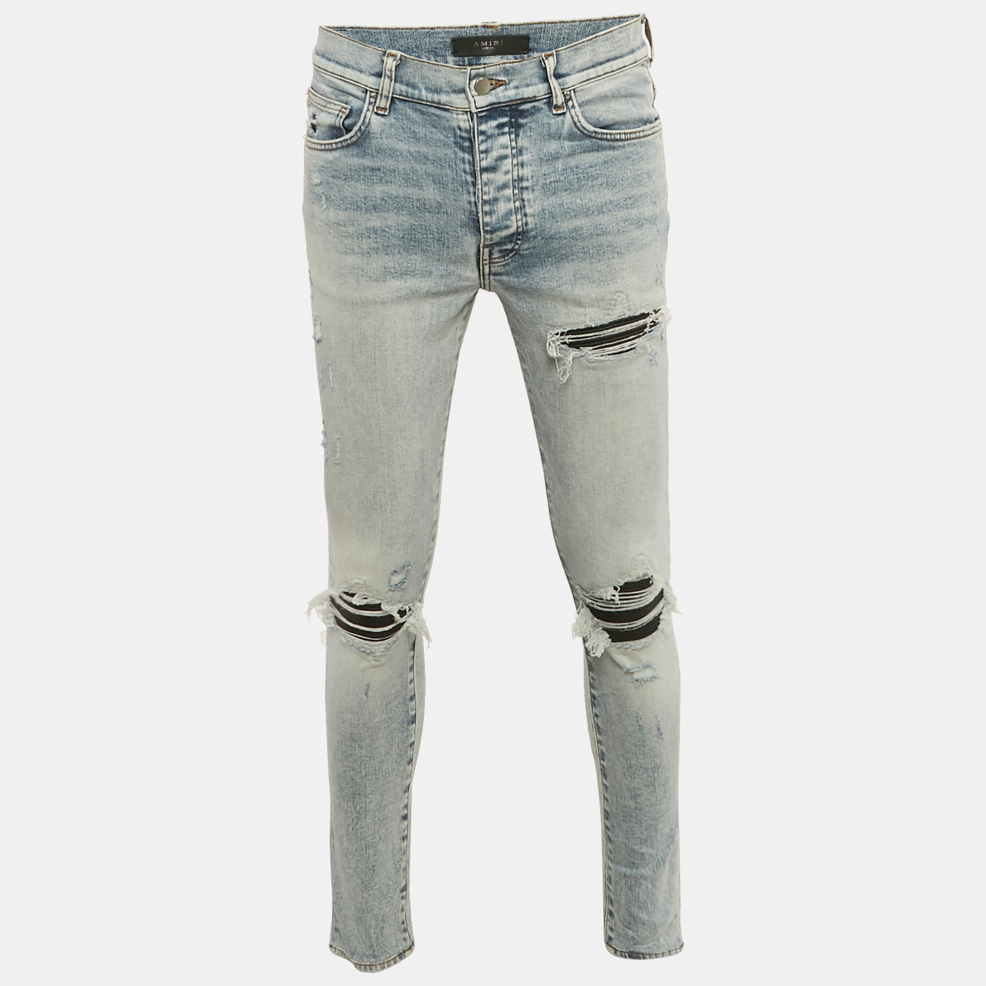 Pre-owned Amiri Blue Washed Denim Distressed Skinny Jeans M Waist 32"