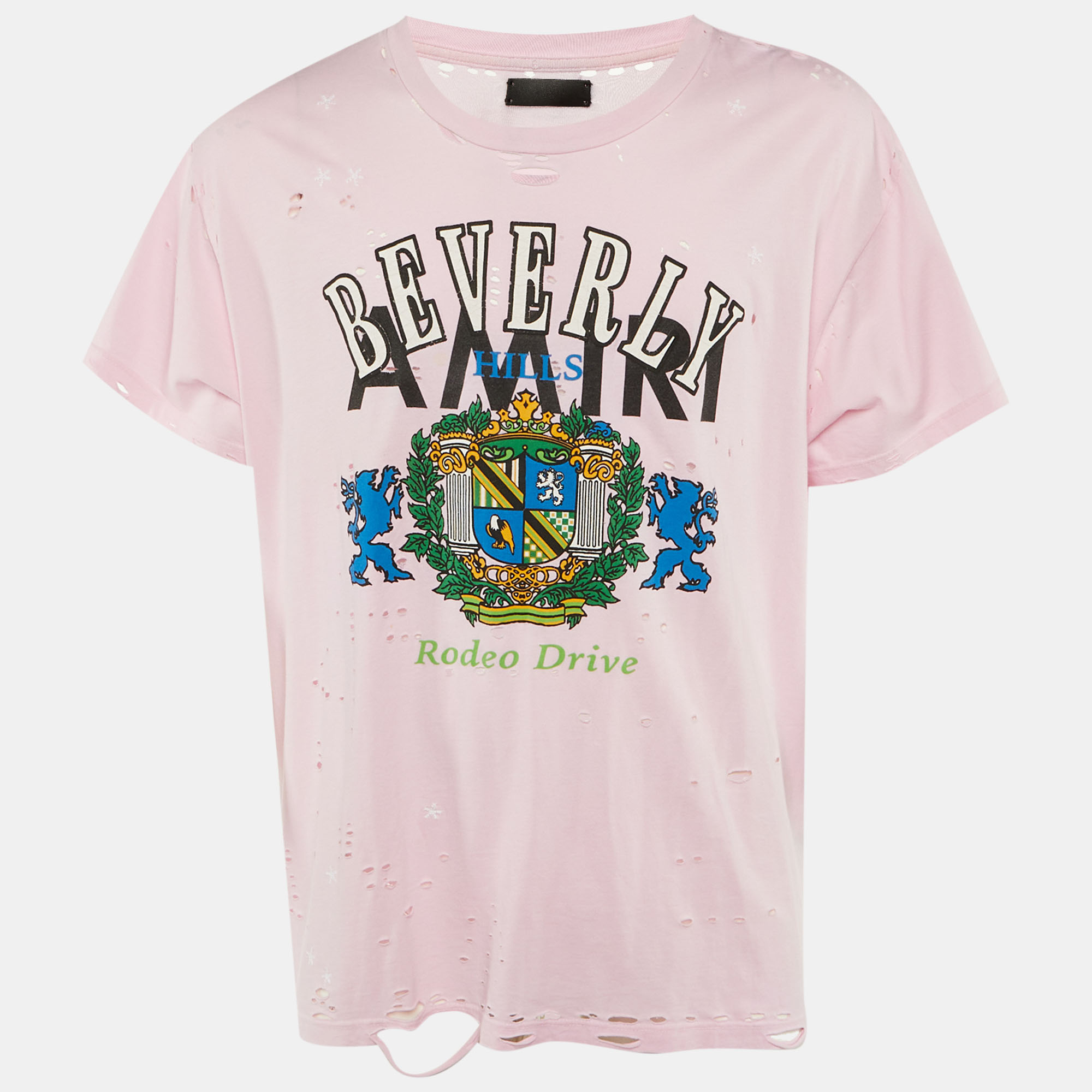 

Amiri Pink Beverly Hills Print Cotton Distressed T-Shirt L