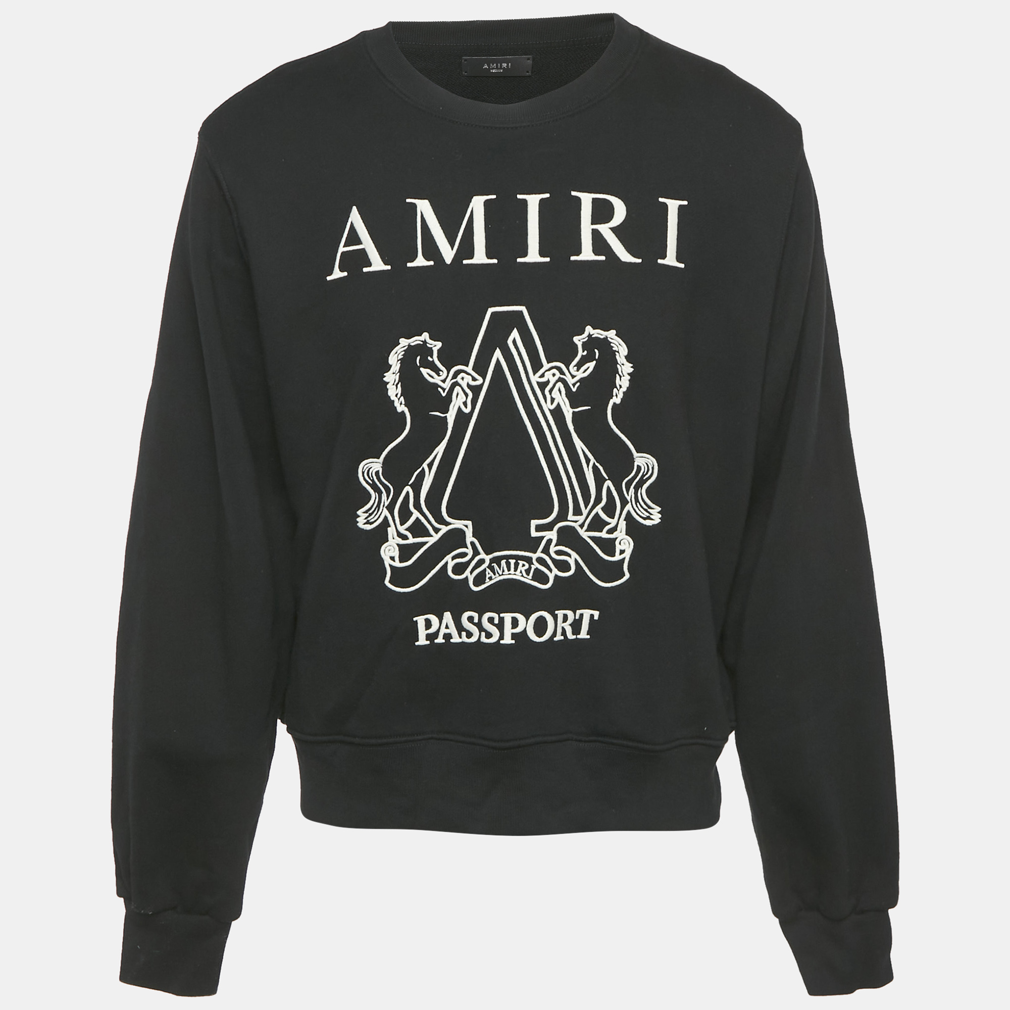 

Amiri Black Passport Embroidered Cotton Knit Sweatshirt S