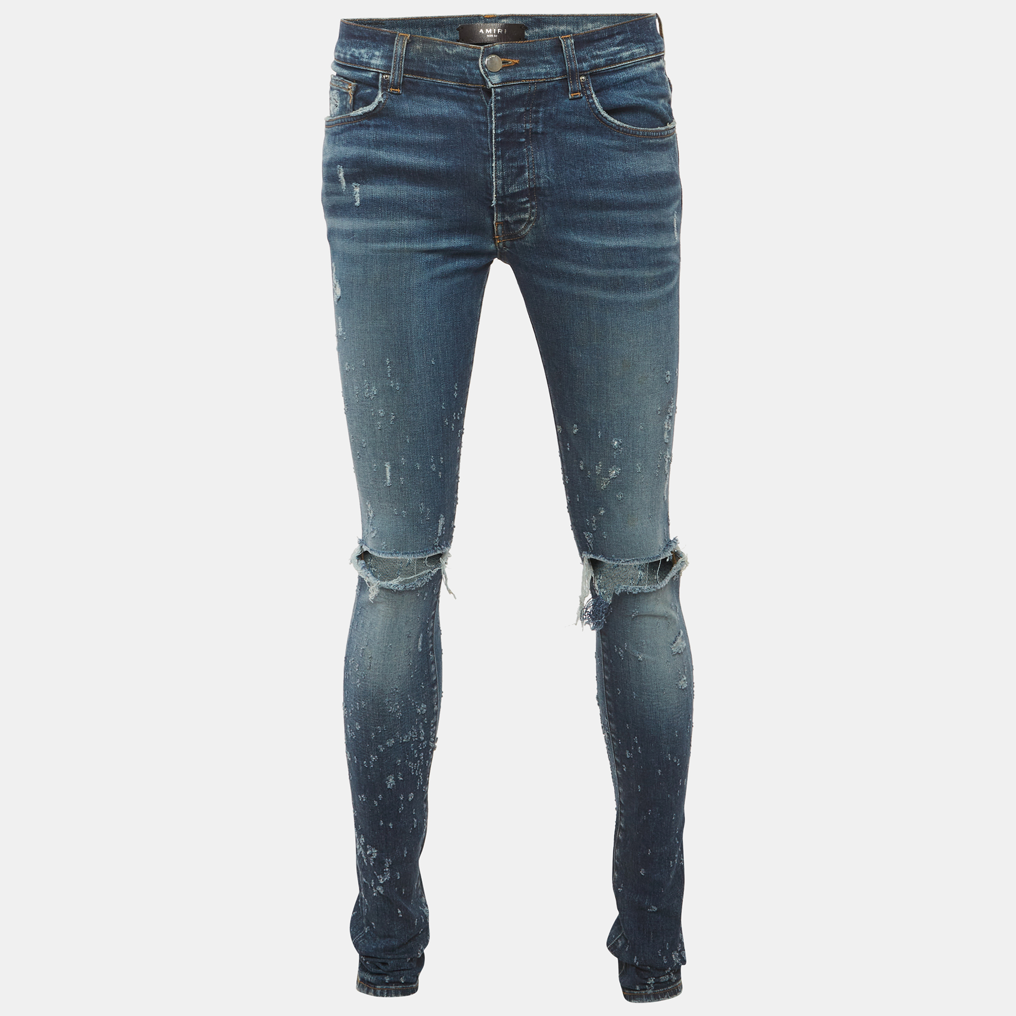 

Amiri Blue Denim Knee Slit Shotgun Jeans M/Waist 29"
