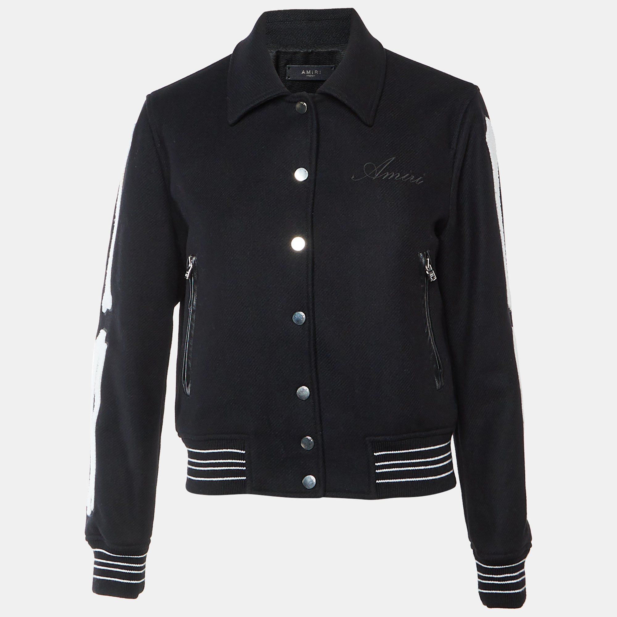 

Amiri Black Wool Bones Appliqué Varsity Bomber Jacket M