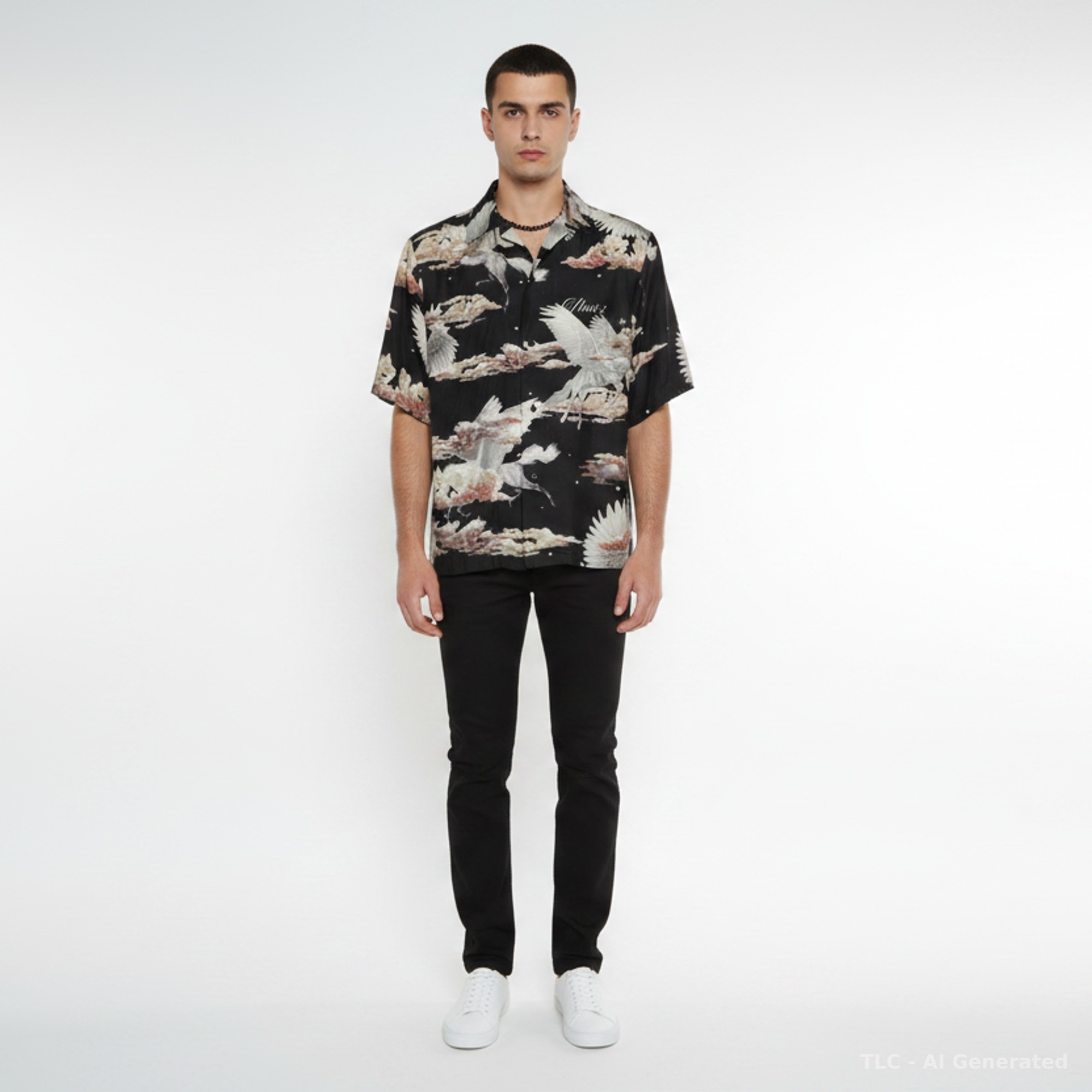 

Amiri Black Pegasus Print Silk Bowling Shirt XL
