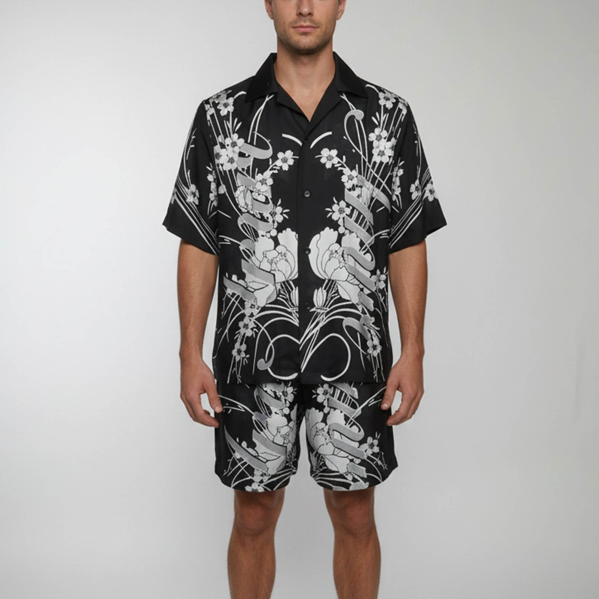 

Amiri Black Floral Print Satin Bowling Shirt and Shorts Set L/M