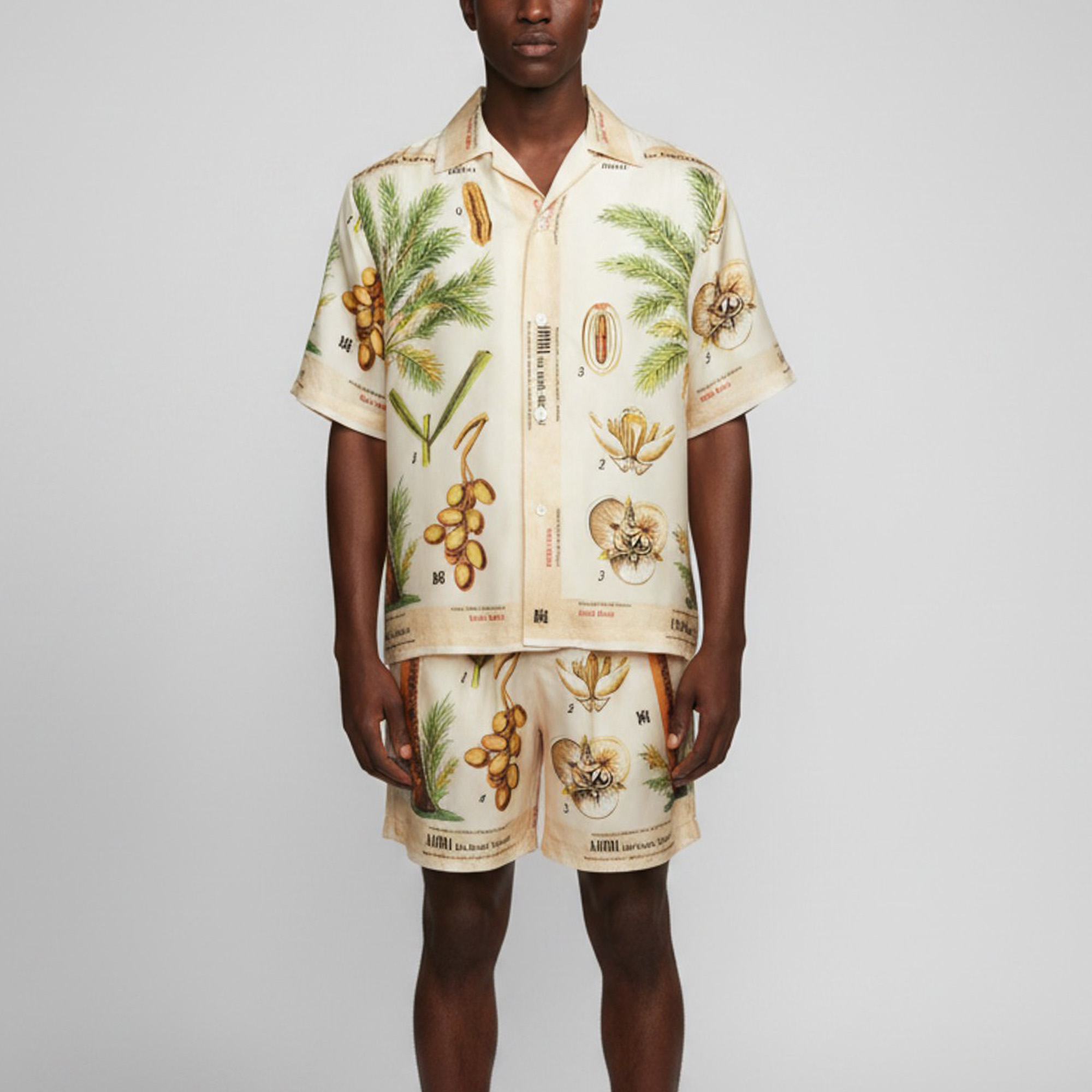 

Amiri Beige Dubai Palm Tree Print Satin Shirt and Shorts Set L/M