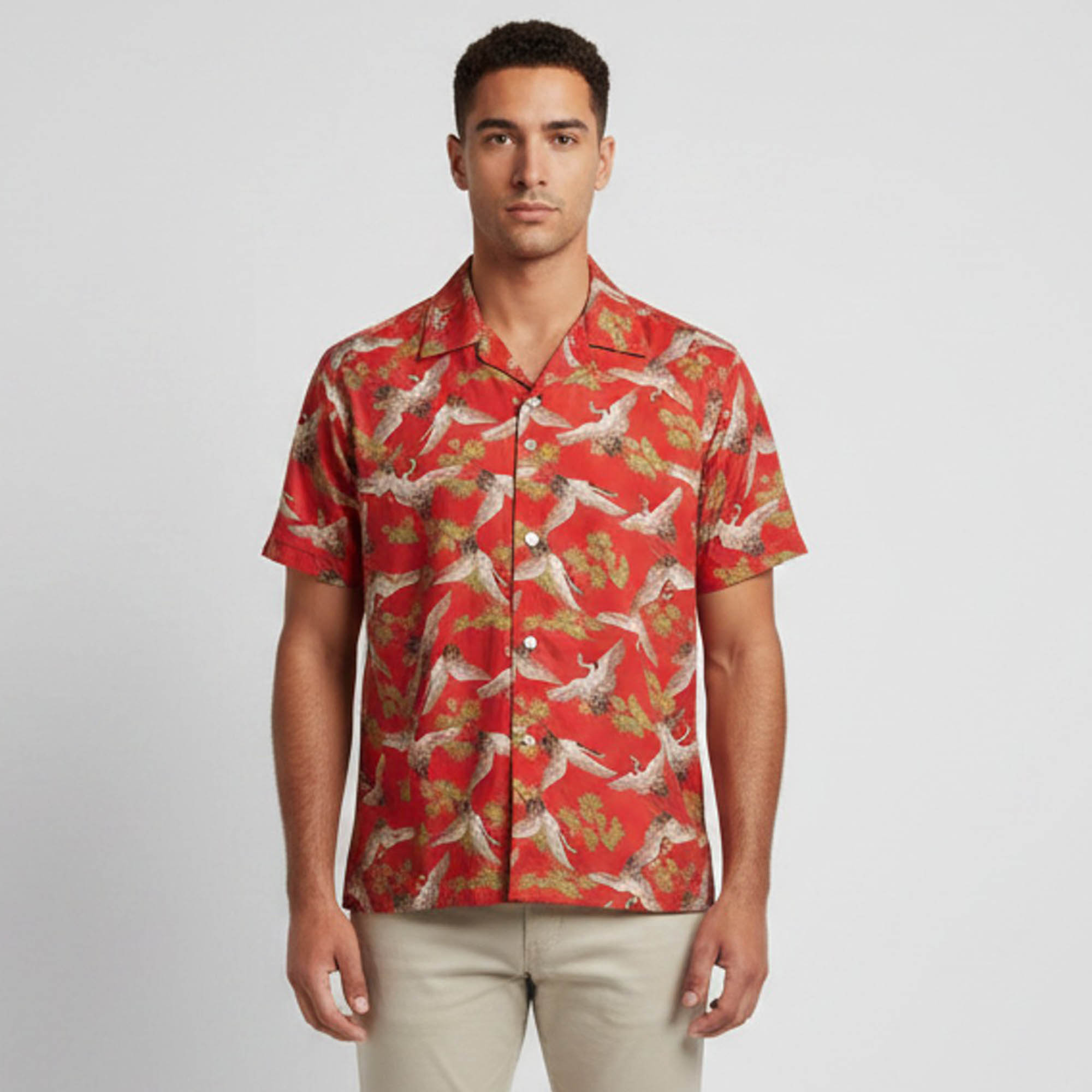 

Amiri Brick Red Crane Print Silk Short Sleeve Shirt S