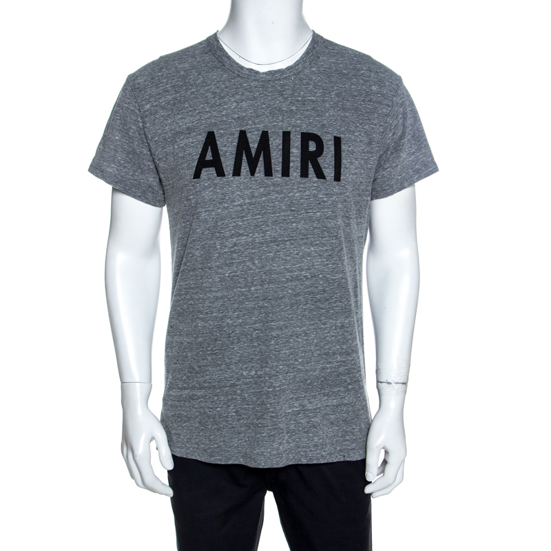 Amiri Grey Logo Printed Slub Knit Distressed Crew Neck T-Shirt S