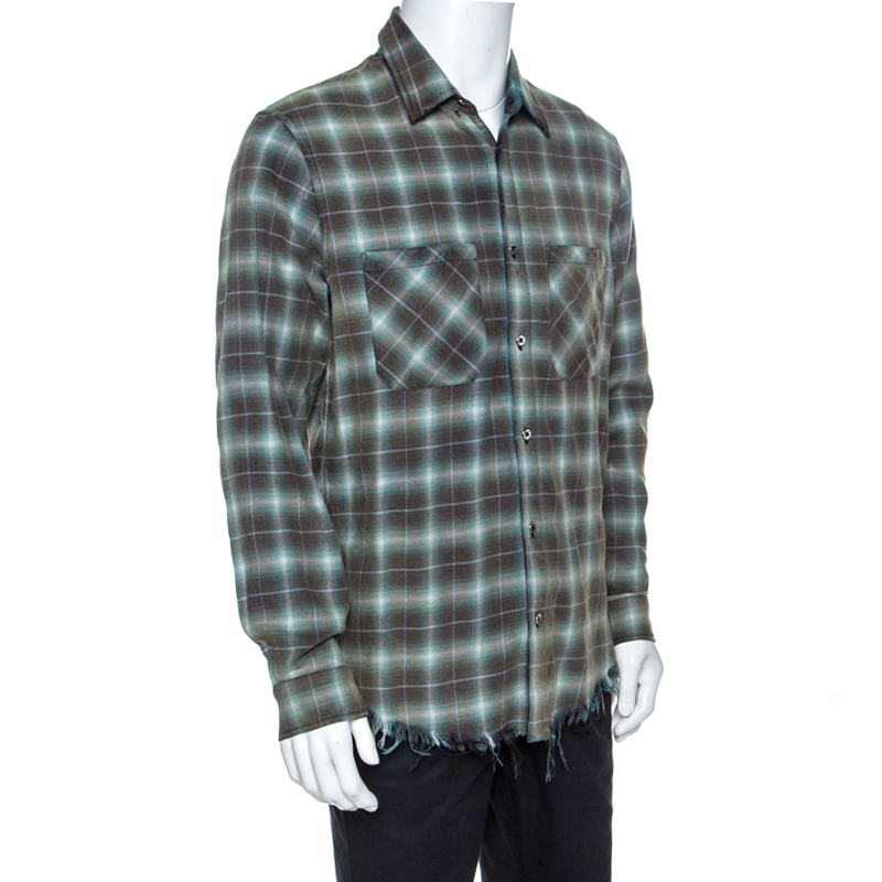 

Amiri Green And Brown Faded Plaid Cotton Raw Edged Shirt