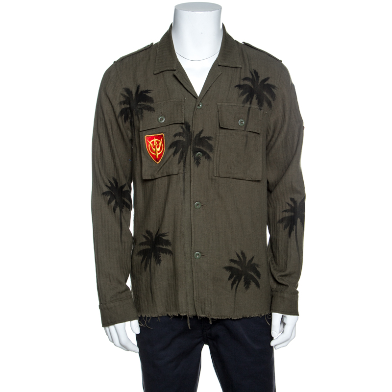 Amiri Khaki Green Palm Tree Print Cotton Applique Detail Distressed Shirt L