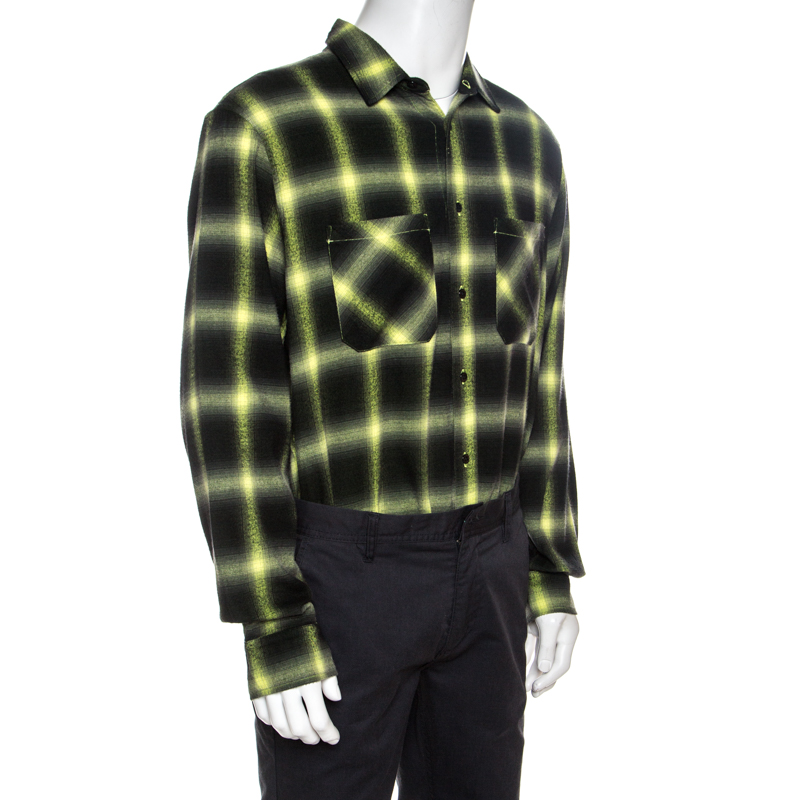 

Amiri Black And Neon Yellow Faded Plaid Cotton Shirt