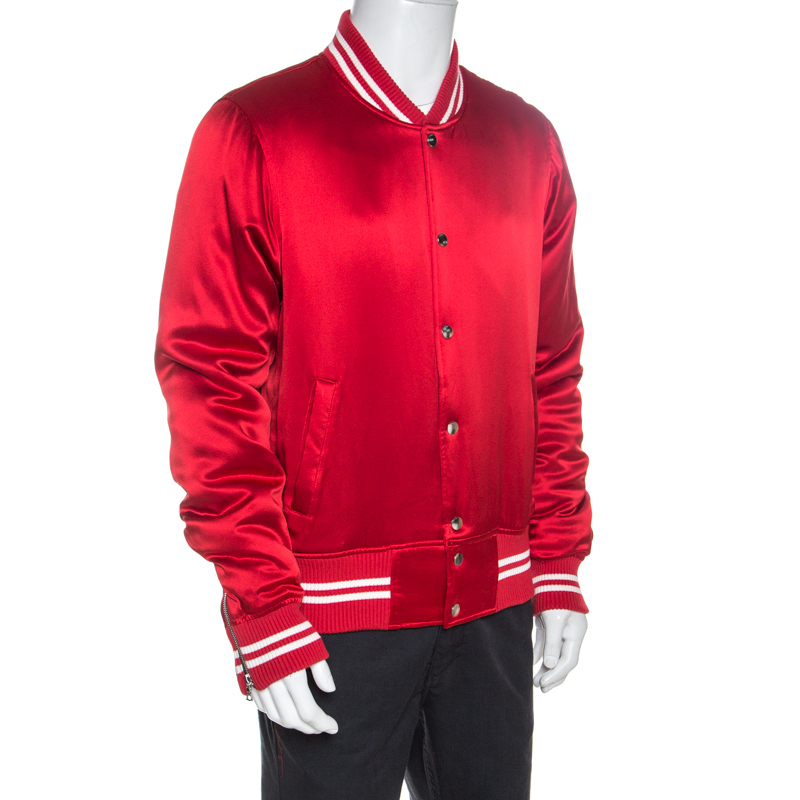 

Amiri Red Silk Rib Knit Trimmed Bomber Jacket