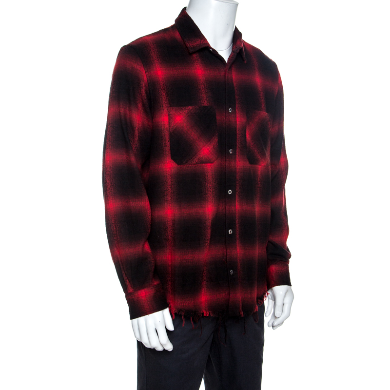 

Amiri Bicolor Highlight Plaid Flannel Raw Edged Shirt, Red