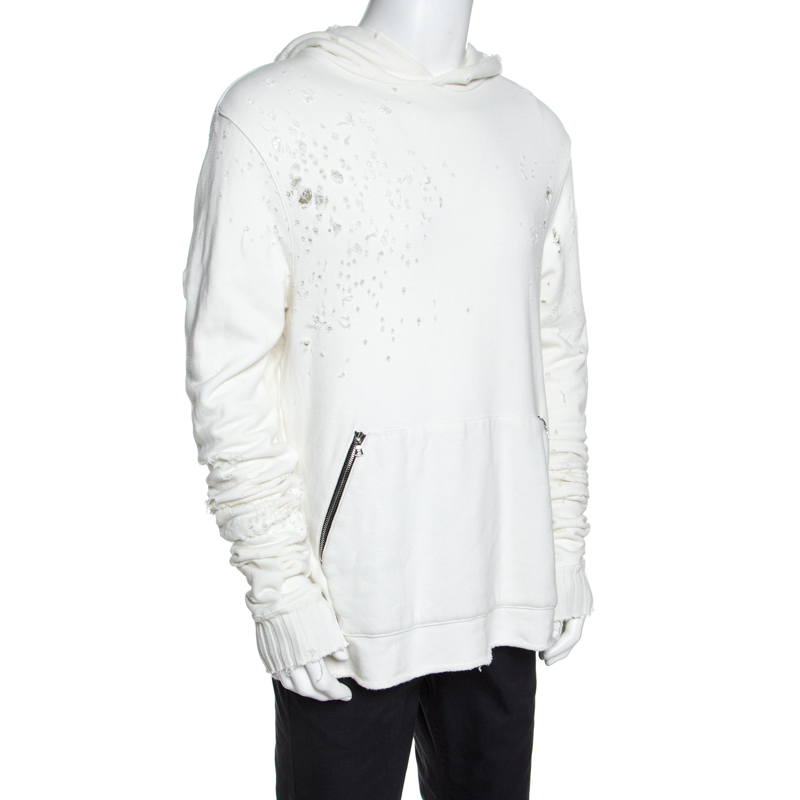 

Amiri Off White Distressed Knit Shotgun Hooded Sweatshirt