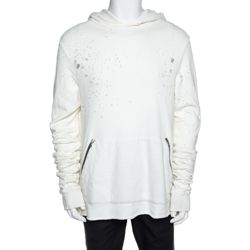 Amiri Off White Distressed Knit Shotgun Hooded Sweatshirt M