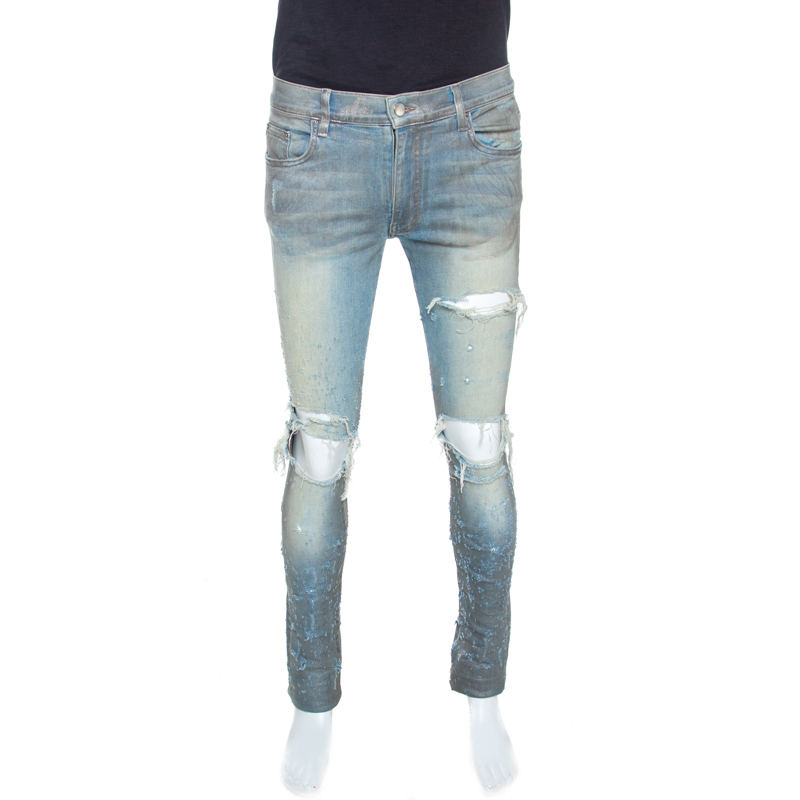 Amiri Two Toned Metallic Finish Denim Distressed Jeans M