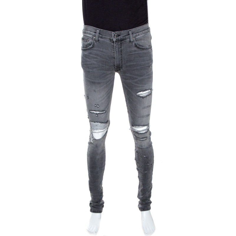Amiri Grey Washed Denim Distressed Skinny Jeans M Amiri | TLC