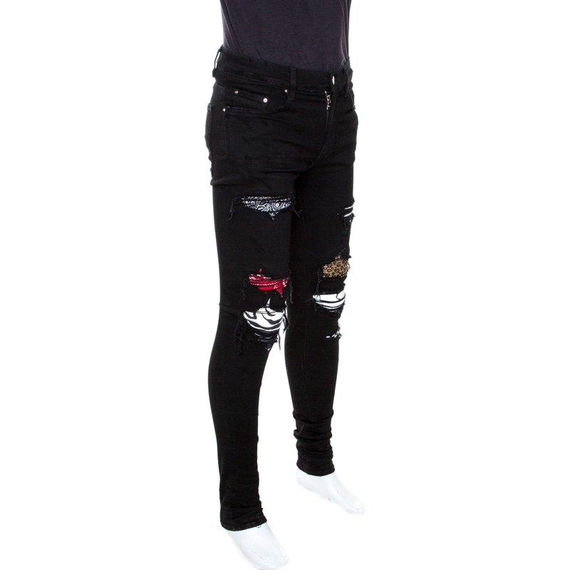 

Amiri Black Distressed Denim Bandana Patch Jeans