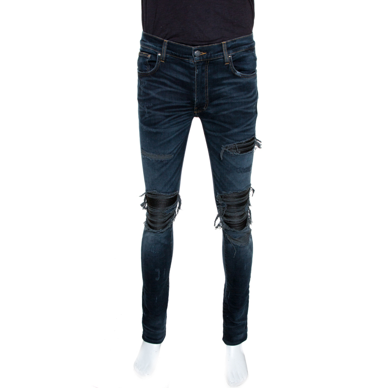 Pre Owned Amiri Blue Distressed Denim Leather Patched MX1 Jeans M