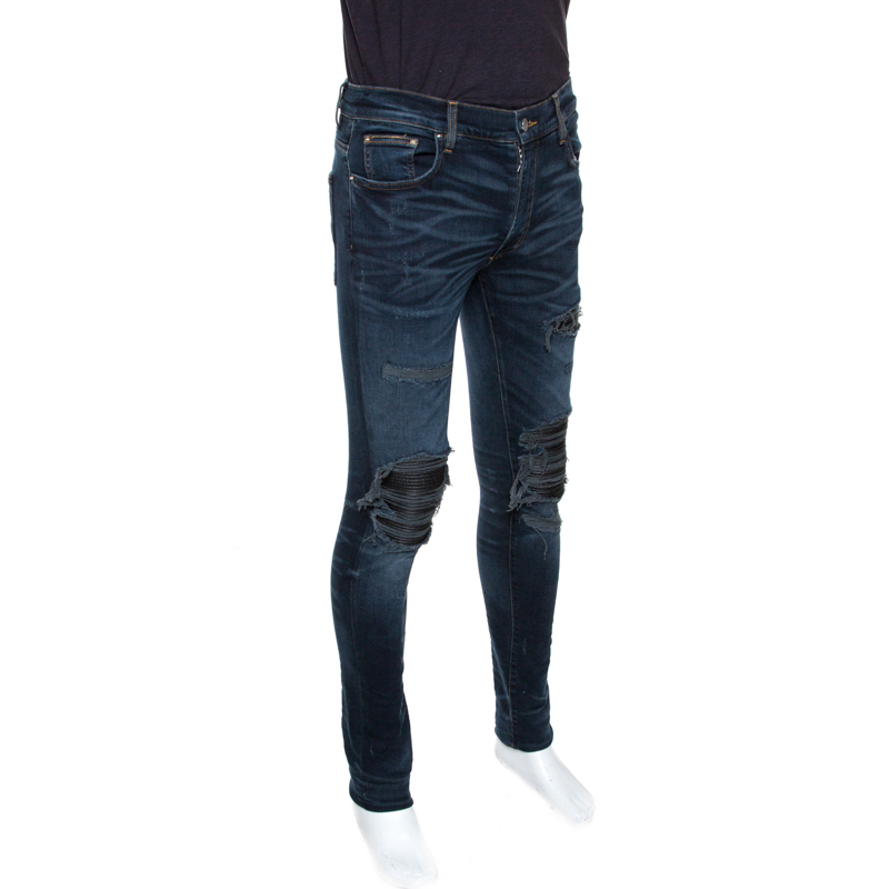 

Amiri Blue Distressed Denim Leather Patched MX1 Jeans