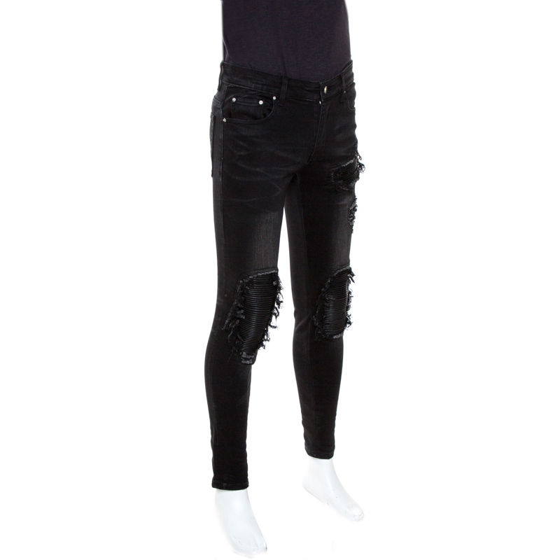 

Amiri Black Distressed Denim Ribbed Leather Trim Skinny Jeans