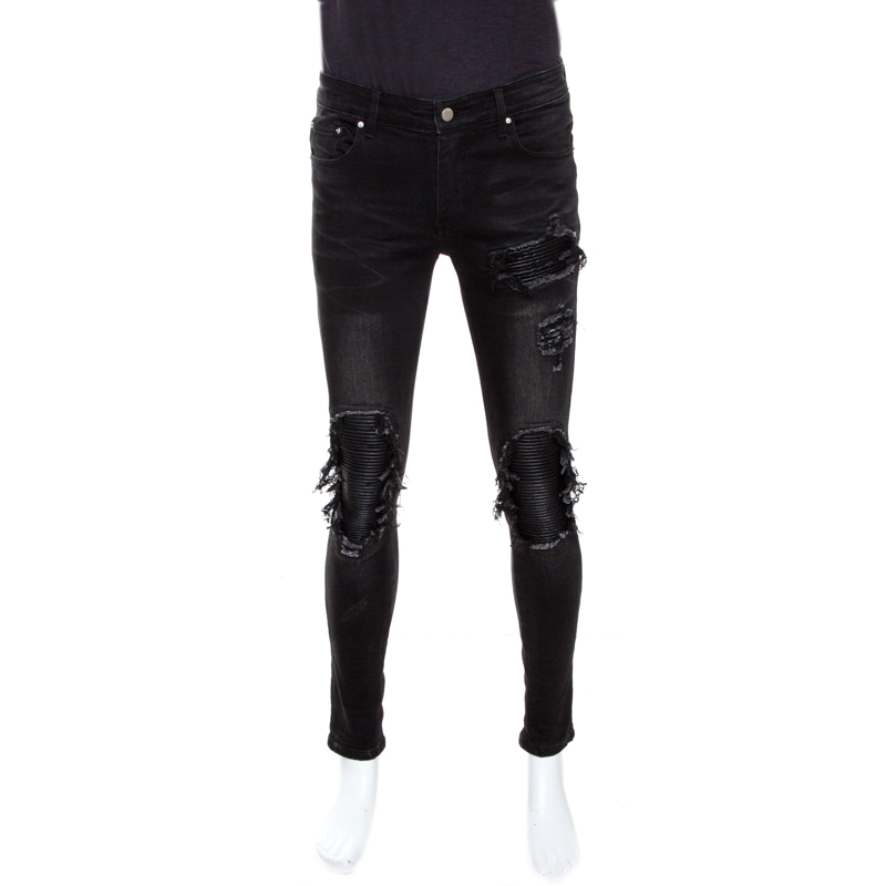 Pre-owned Amiri Black Distressed Denim Ribbed Leather Trim Skinny Jeans ...