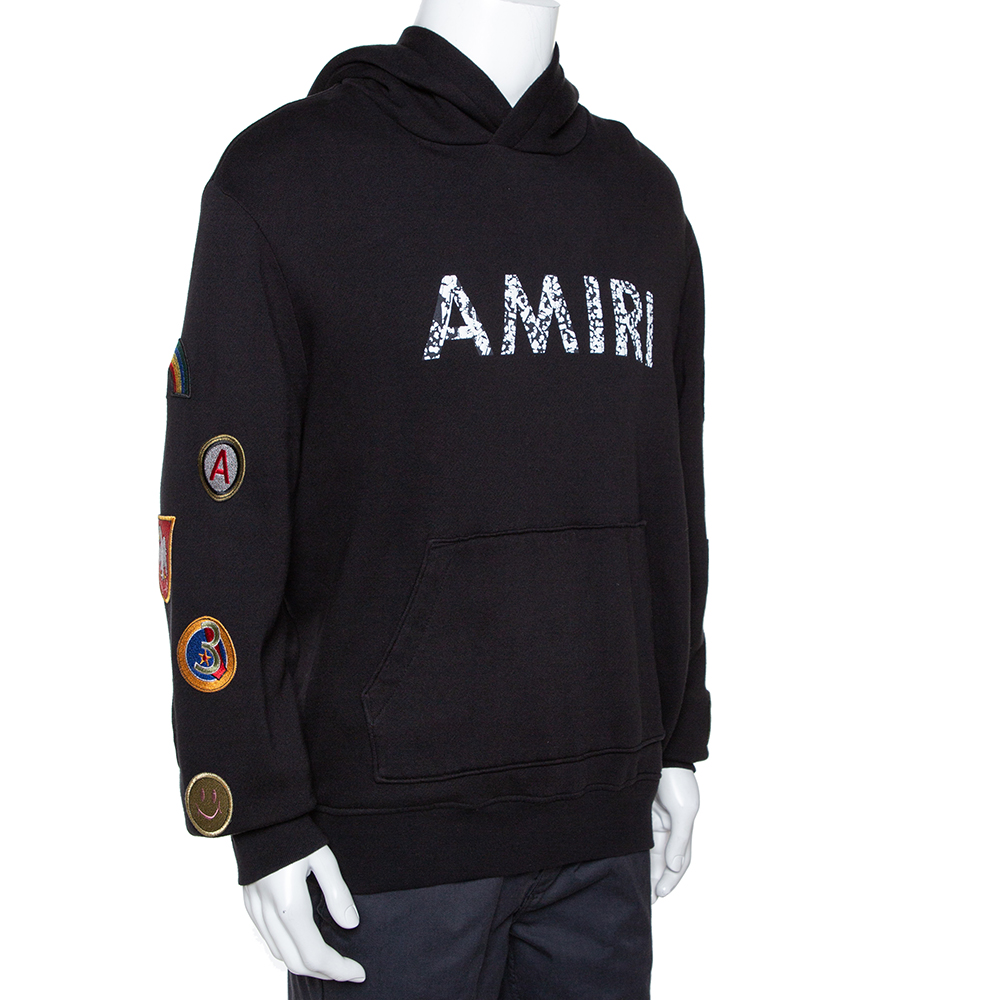 

Amiri Black Logo Print Cotton Mix Patch Hooded Sweatshirt
