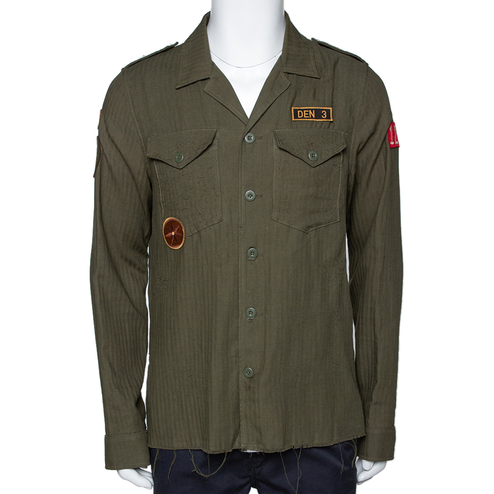 Amiri Khaki Distressed Cashmere Blend Patchwork Boy Scout Shirt L