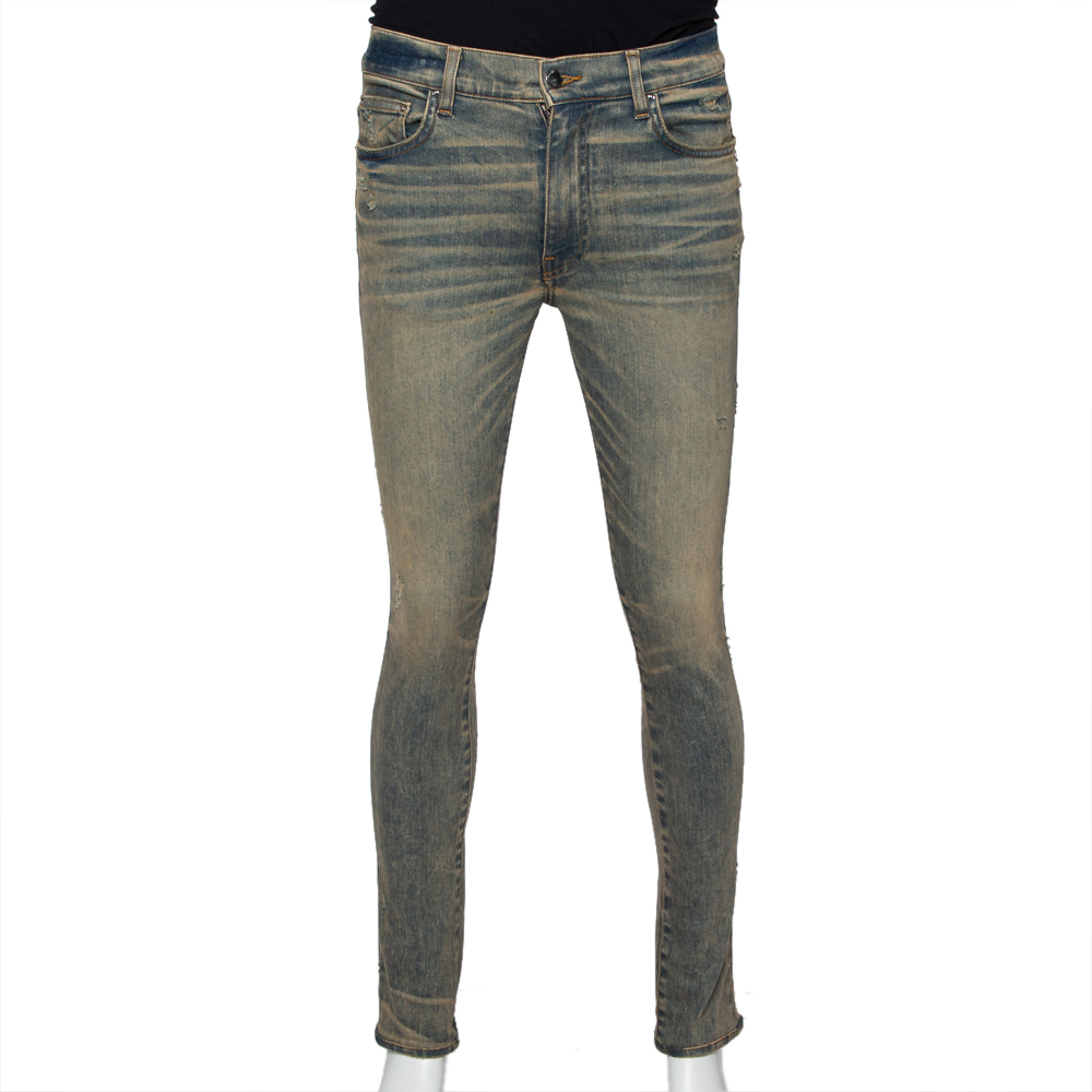 Pre Owned Amiri Blue Dirty Denim Distressed Tapered Leg Jeans M