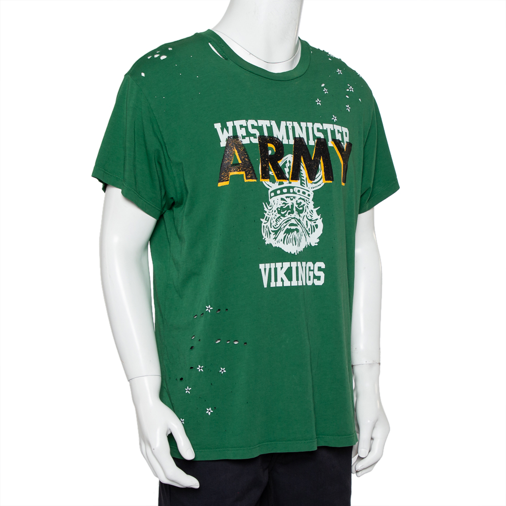 

Amiri Green Vintage Army Printed Cotton Distressed Crewneck T-Shirt
