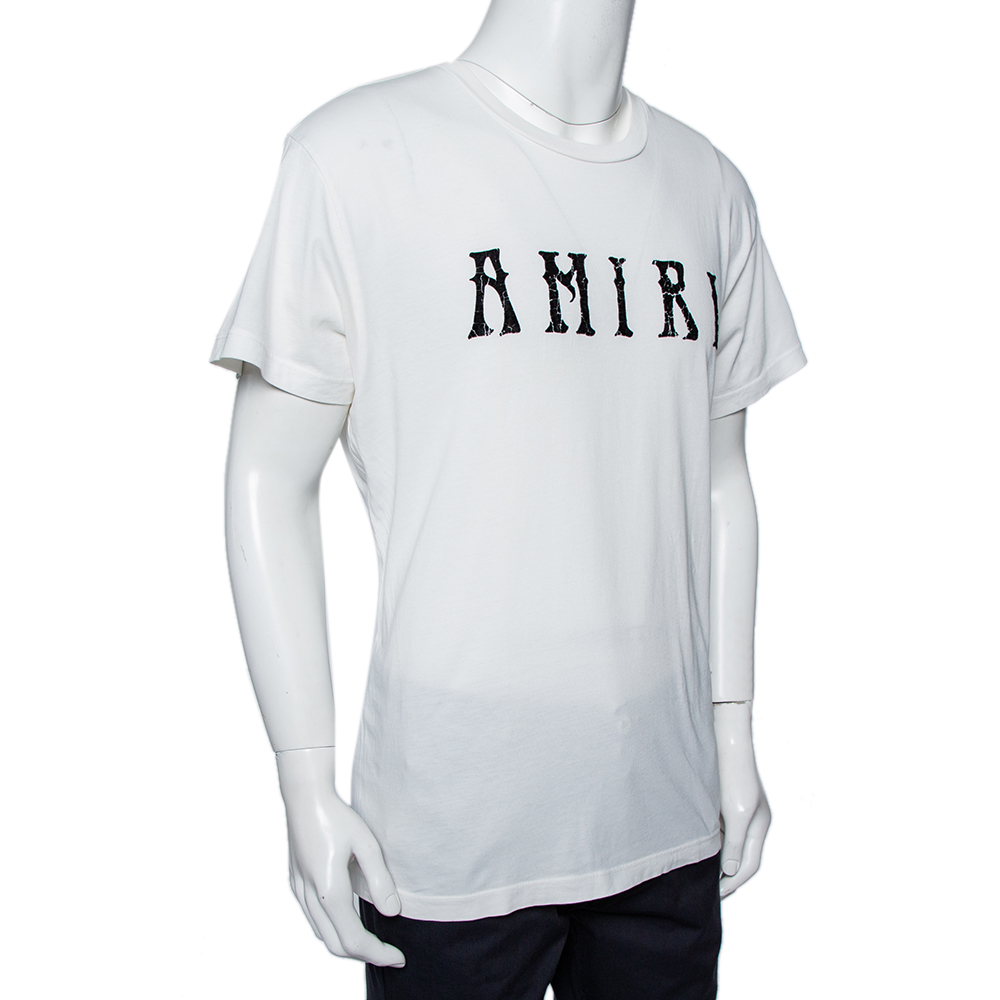 

Amiri White Cotton Flocked Logo Detail Crewneck T-shirt