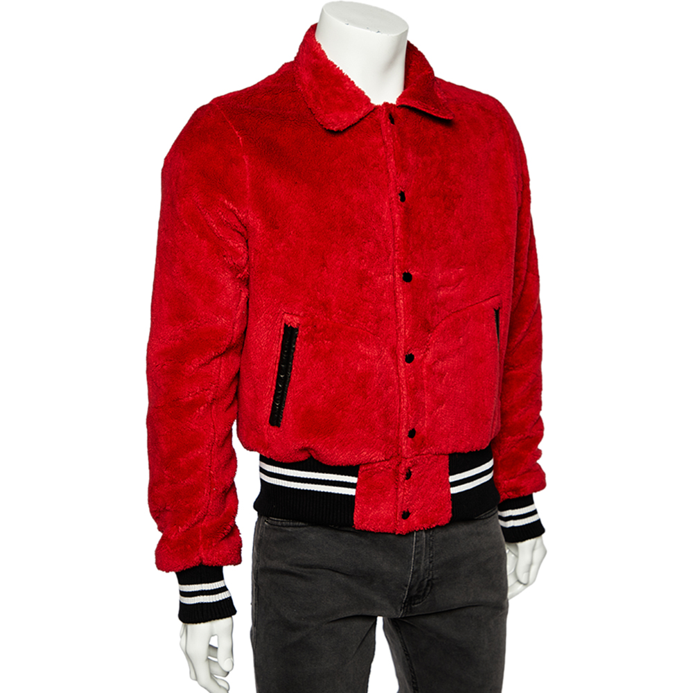 

Amiri Red Cotton Fleece Contrast Trim Detail Sherpa Bomber Jacket