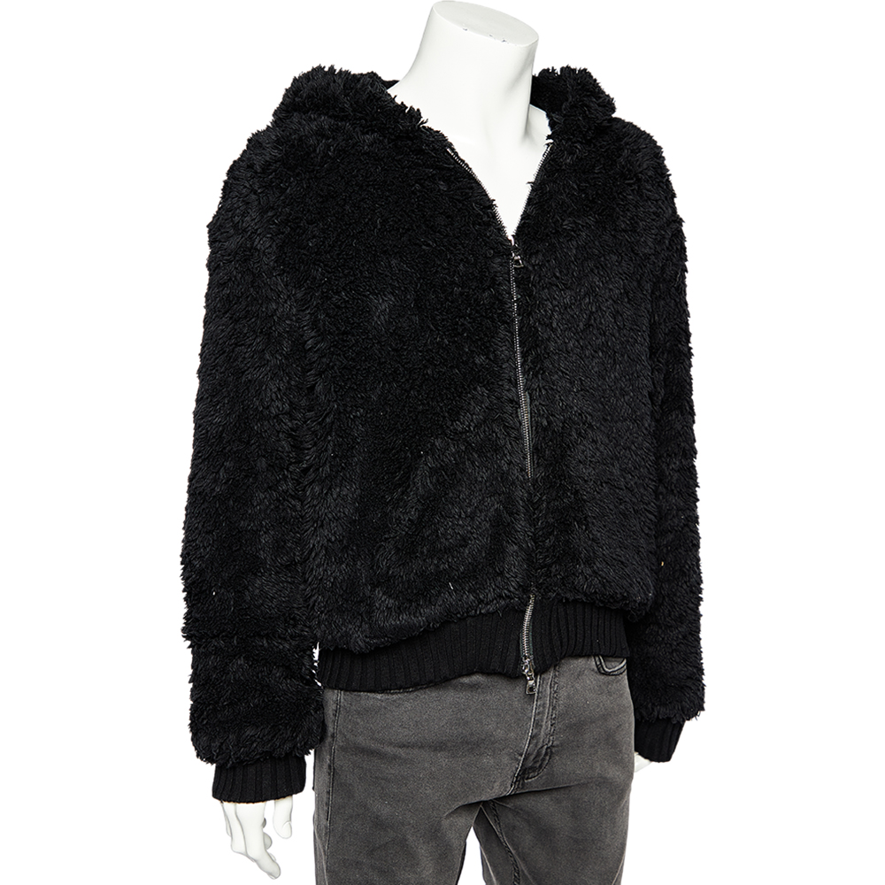 

Amiri Black Faux Fur Zip Front Hooded Jacket