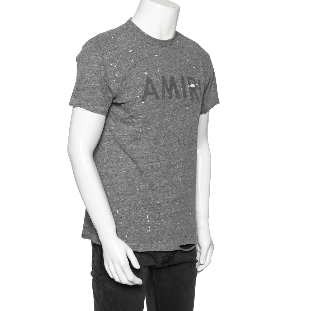 

Amiri Grey Distressed Logo Print Jersey T-shirt