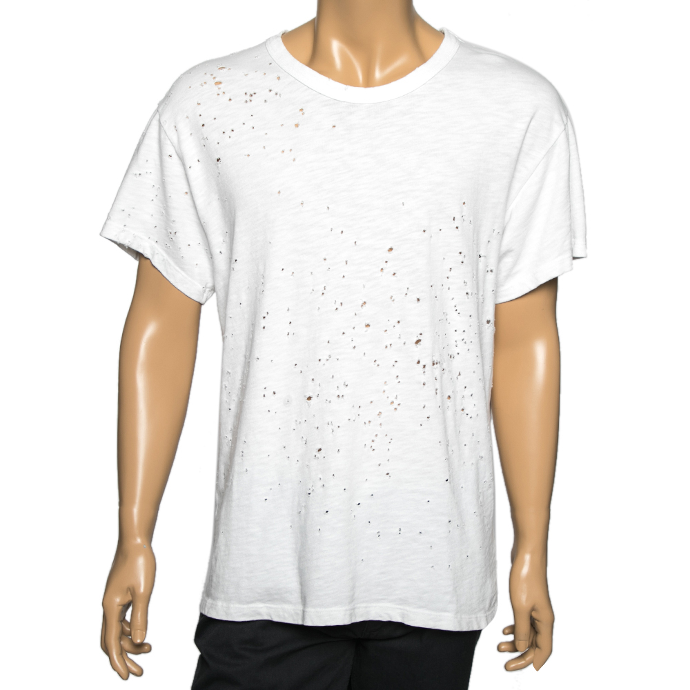 

Amiri White Distressed Cotton Crew Neck T Shirt