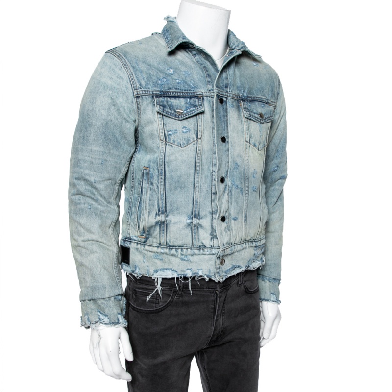 

Amiri Blue Distressed Denim Long Sleeve Puffer Jacket