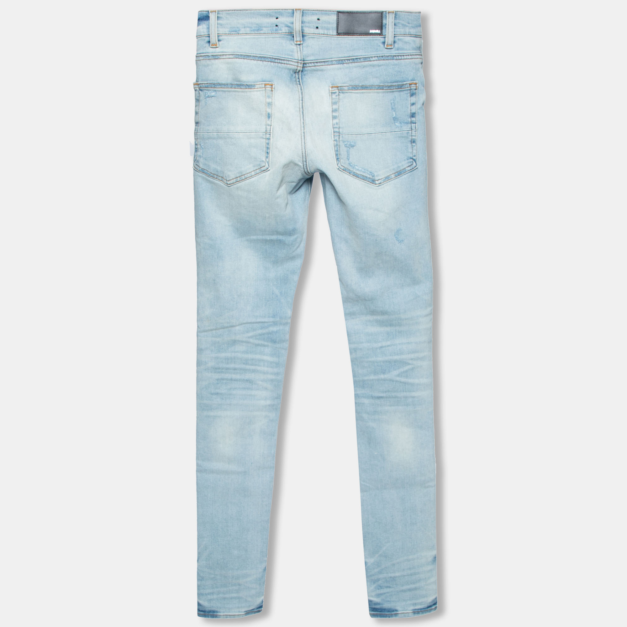 

Amiri Indigo Light Wash Denim Art Patch Distressed Jeans, Blue