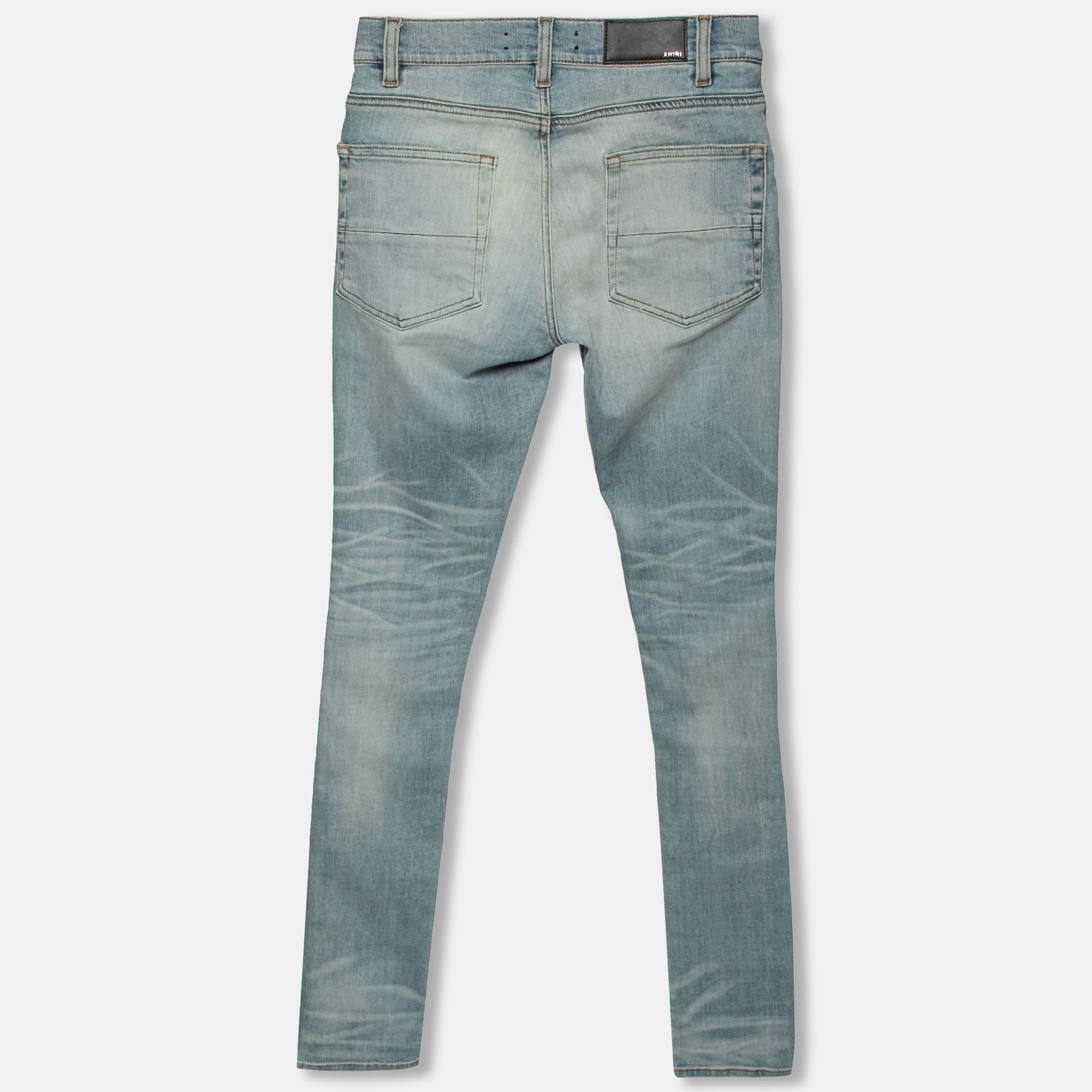 

Amiri Blue Distressed Denim & Leather Inset Skinny Jeans