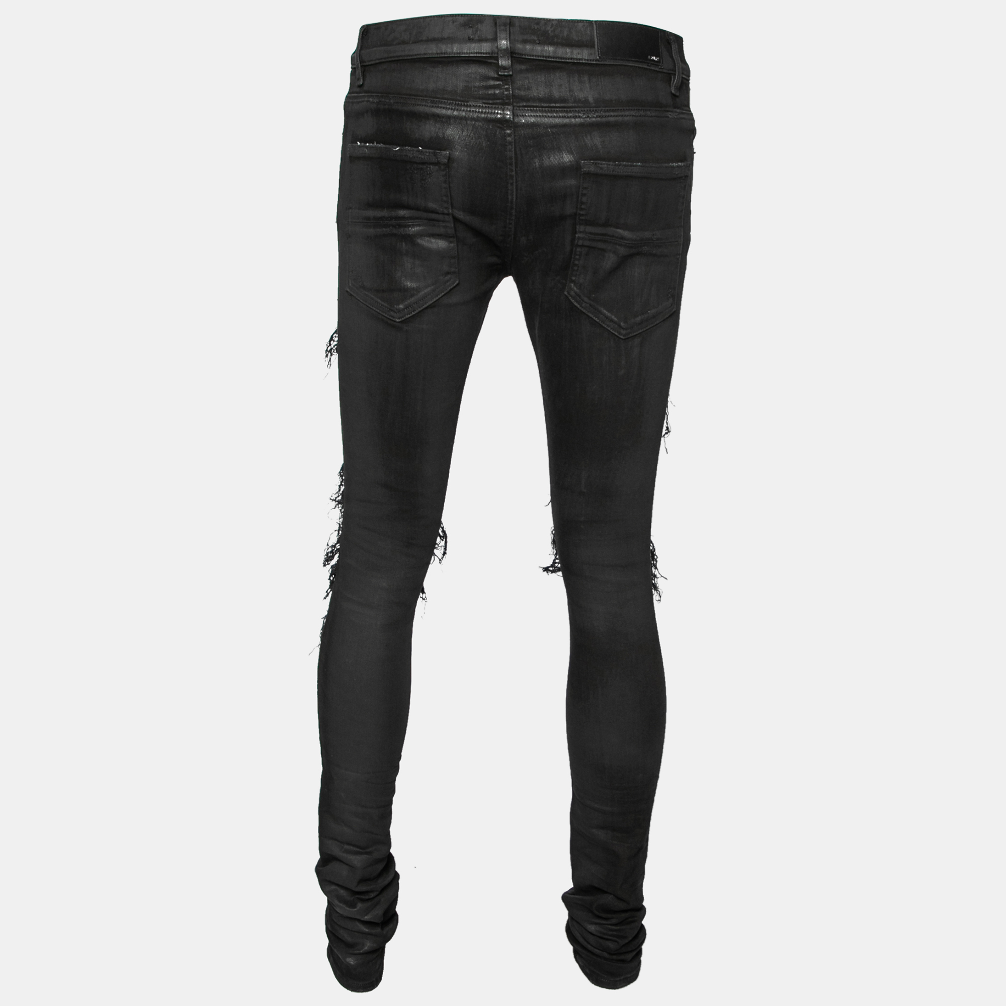 

Amiri Black Coated Distressed Denim Leather Patch Detail Jeans