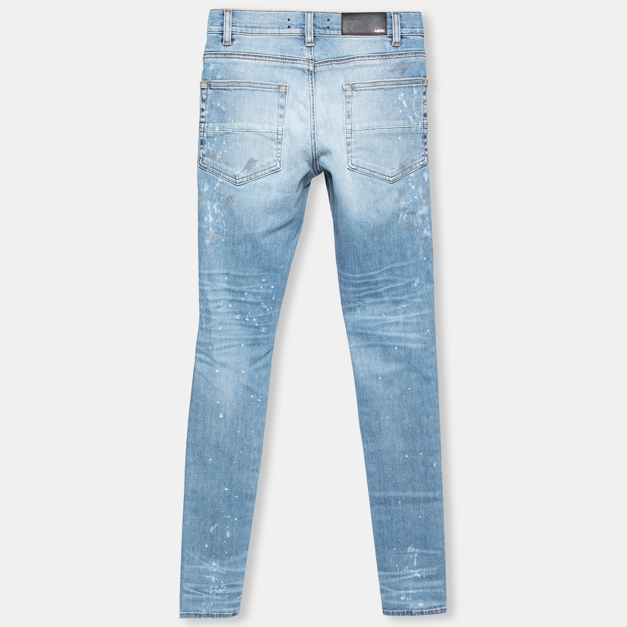 

Amiri Blue Denim Distressed Paint Splatter Skinny Jeans