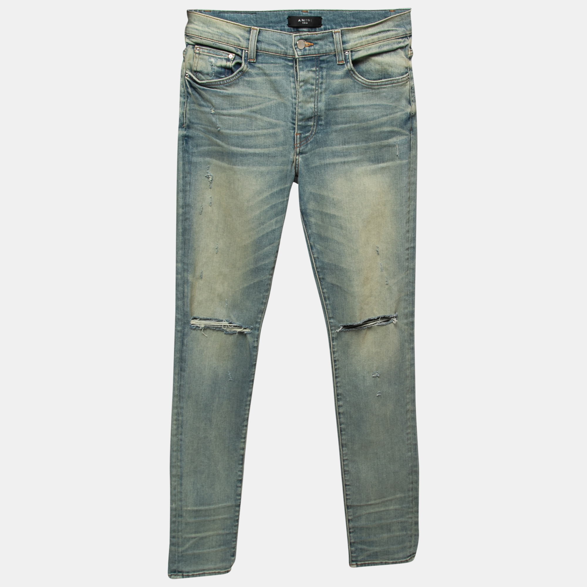 

Amiri Blue Distressed Denim Skinny Jeans  Waist 32