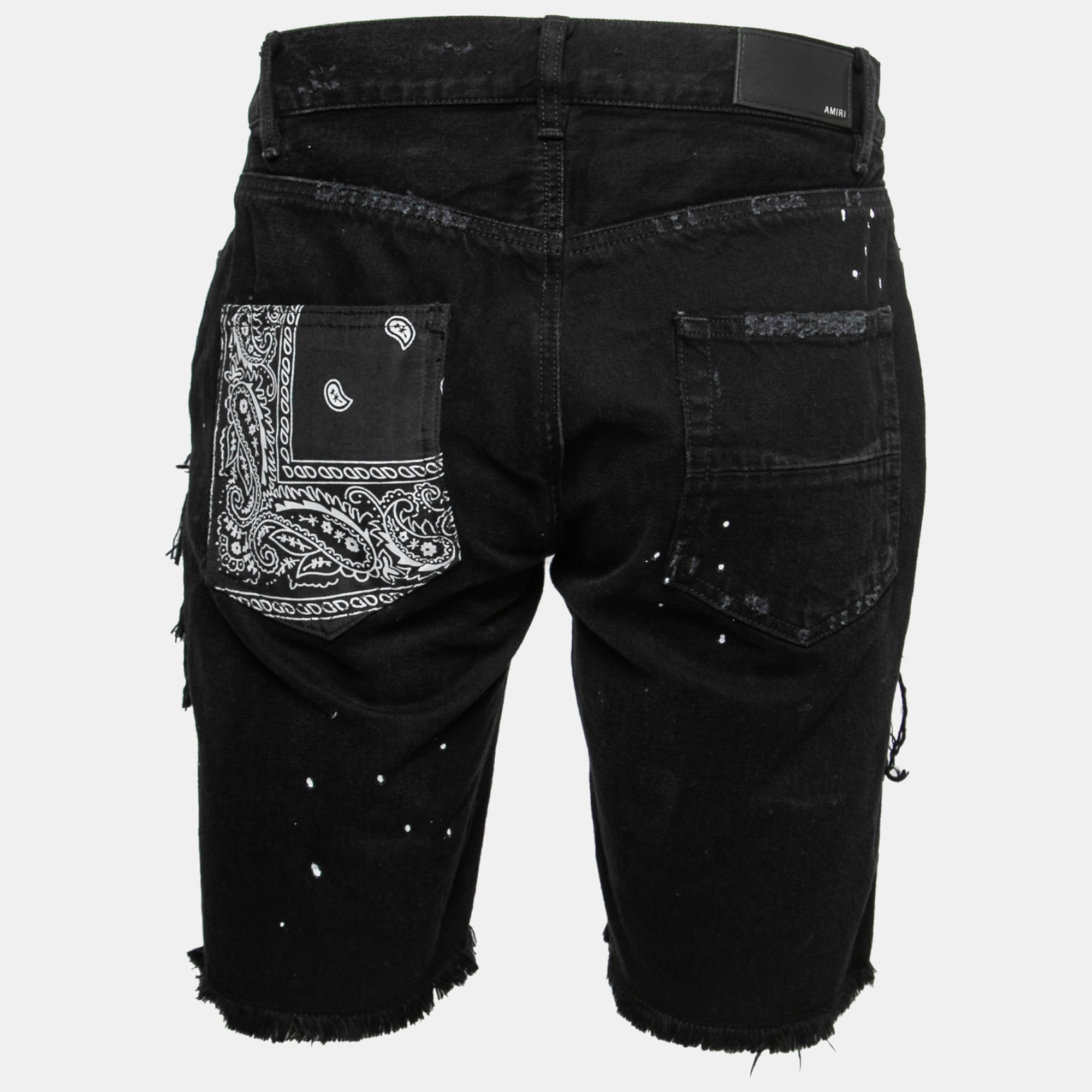 

Amiri Black Distressed Denim Bandana Detail Shorts  Waist 31