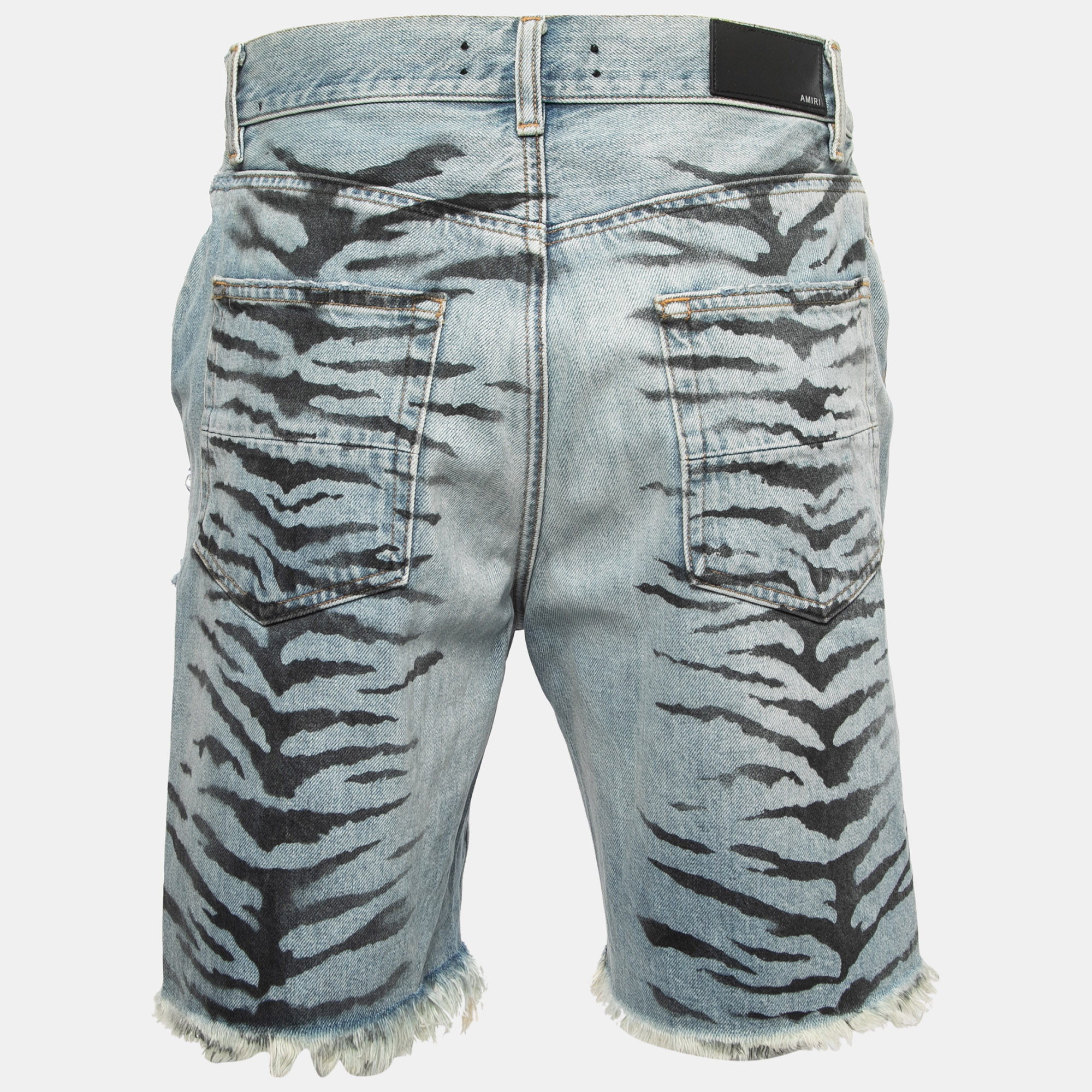 

Amiri Light Blue Tiger Striped Distressed Denim Shorts  Waist 32