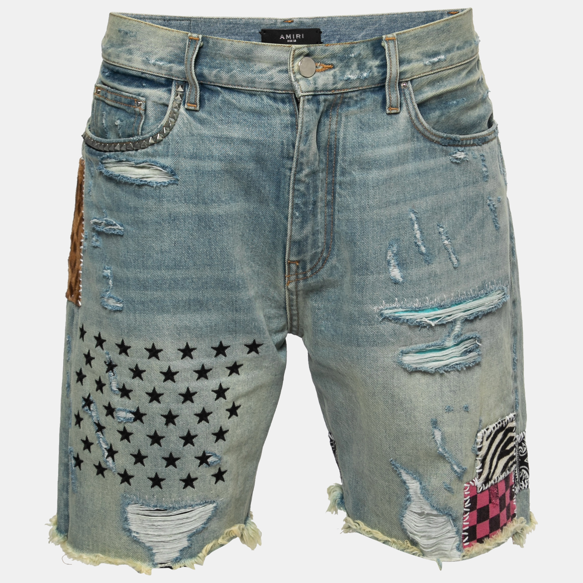Amiri Light Blue Faded Distressed Denim Patched Shorts M Waist 32"