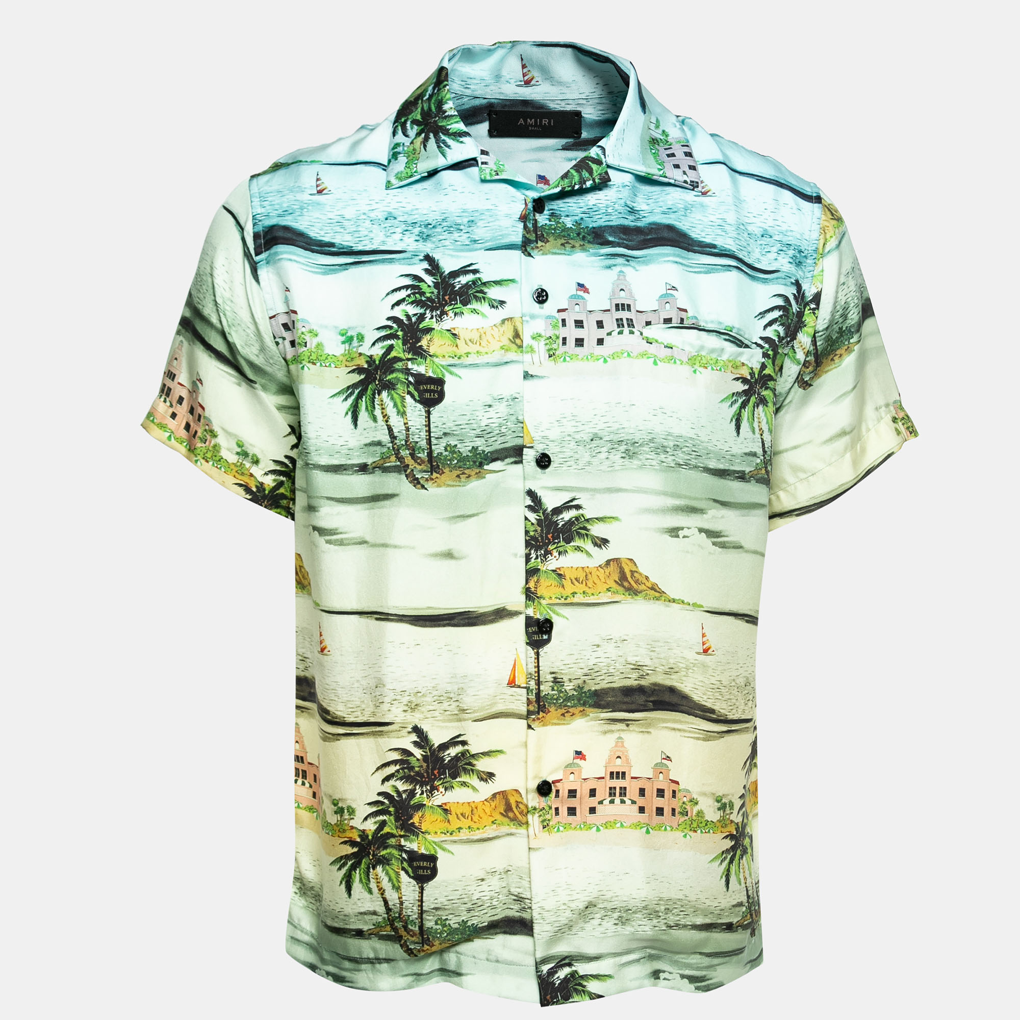 Pre-owned Amiri Blue Beverly Hills Print Silk Short Sleeve Hawaiian Shirt S